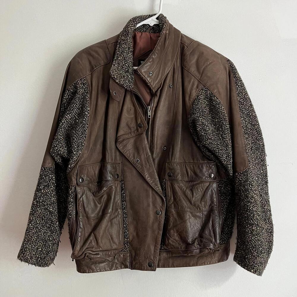 Vintage 1980s Leather & Tweed Wool Blend Jacket by Winlit - Size 7-8